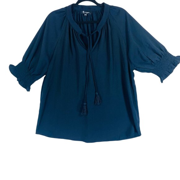 boho puff sleeve 3/4 length ruffled collar string tie blouse dark navy sz xl - Picture 8 of 15